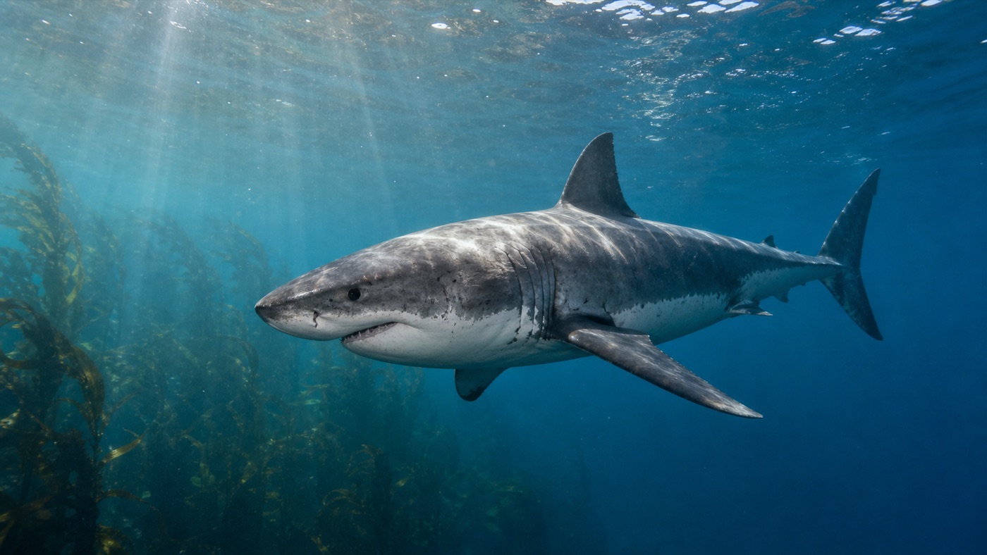Great white shark swimming through a kelp forest ecosystem